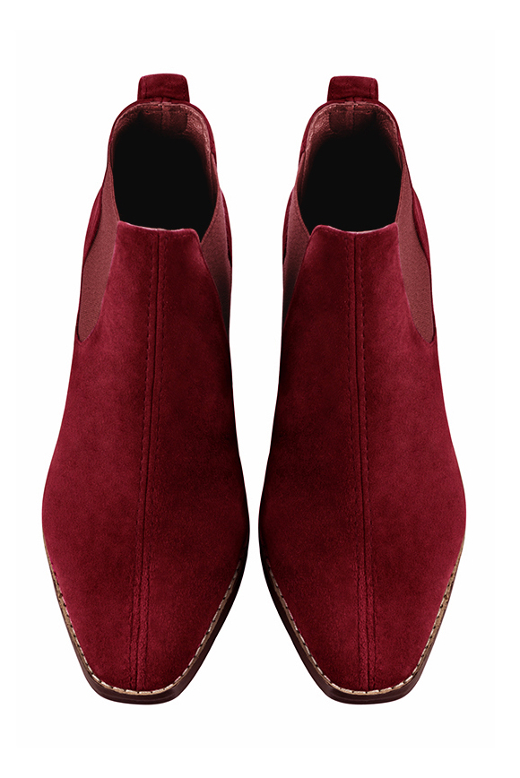 Burgundy red women's ankle boots, with elastics. Square toe. Medium block heels. Top view - Florence KOOIJMAN